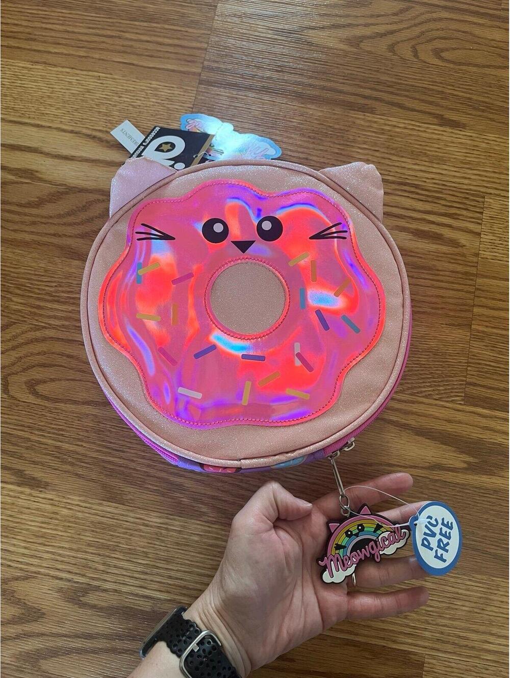 Meowgical holographic donut cat lunch bag NWT